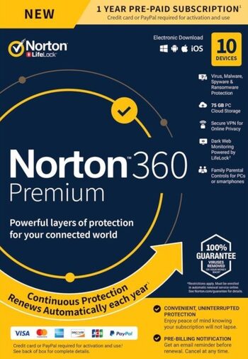 Norton 360 Premium EU Key (2 ani / 10 dispozitive) + 75 GB Cloud Storage